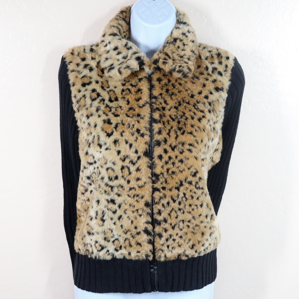 Tiara International Leopard Faux Fur Zip Jacket Ribbed Sleeves Y2K‎ Women's S